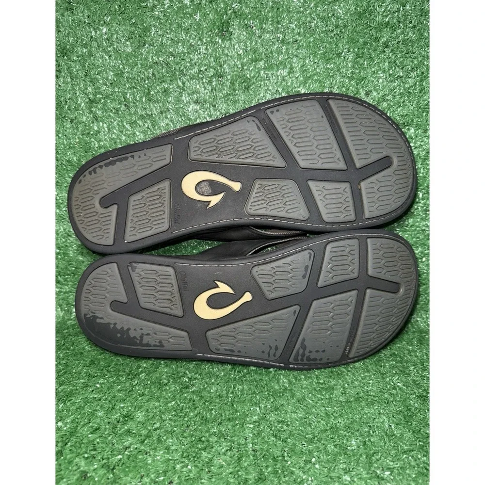 OluKai Tuahine Mens Size 13 Leather Black Beach Flip Flops Sandals Thong Slip On - Picture 7 of 8